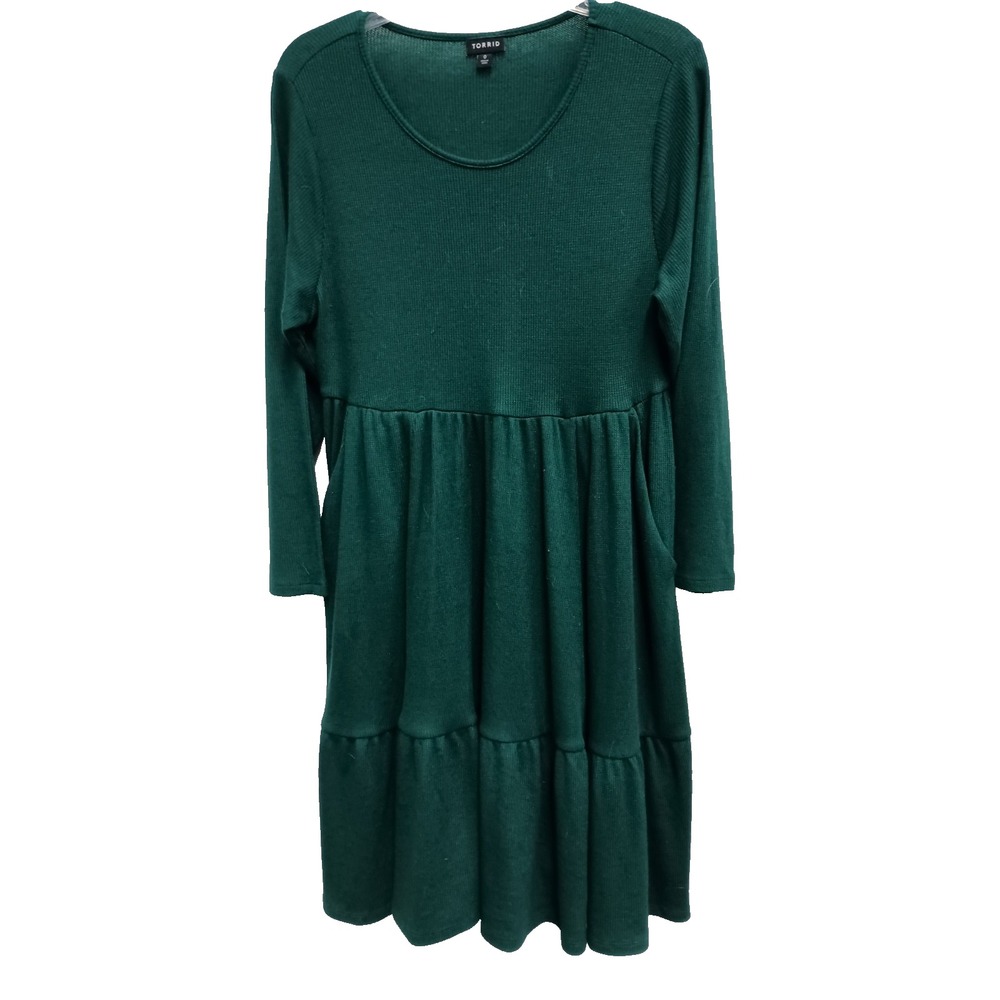 Torrid Babydoll Dress Size 0X Green BOHO Tiered Thermal Long Sleeve Casual